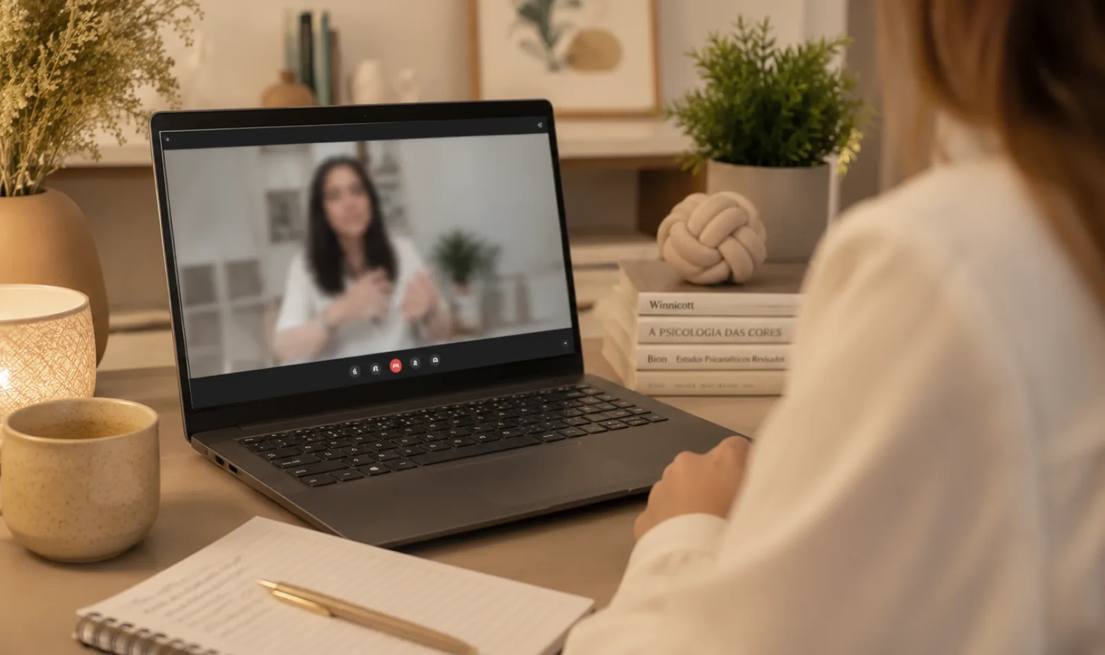 Supervisão clínica online em TCC: psicóloga em videochamada com a supervisora, com caderno de anotações